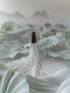 Chinese designer ethereal gown, lotus leaf, minimalism, light gray, light emerald, ethereal illustrations, person standing, Chinese Dress, light green, white, Philip McKay, multilayered, light indigo, 8K Ultra HD