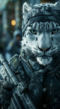 snow leopard dressed in tactical gear, black ops, holding shotgun in hand, dynamic pose,